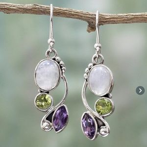 Rainbow Moonstone Peridot Amethyst Earrings 💜💚💙